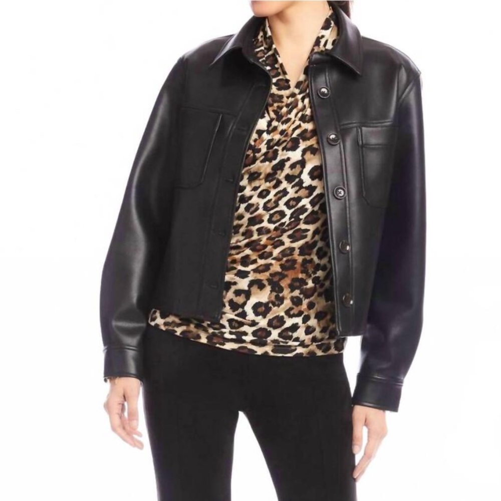 New Karen Kane Wild Thing Black Vegan Faux Leather Crop Jacket Small Petite